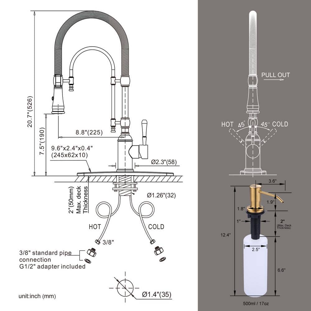 Brushed Gold Single Handle Pull Down Kitchen Faucet with Soap Dispenser