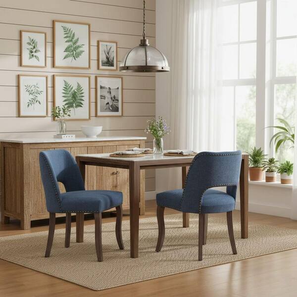 AUDC Modern Curved-Back Upholstered Dining Chair with Hollow-Out Design and Solid Wood Legs in Denim Blue (Set of 2)