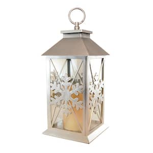 5.5 in. x 13 in. Silver Plastic Snowflake Lantern with LED Candle