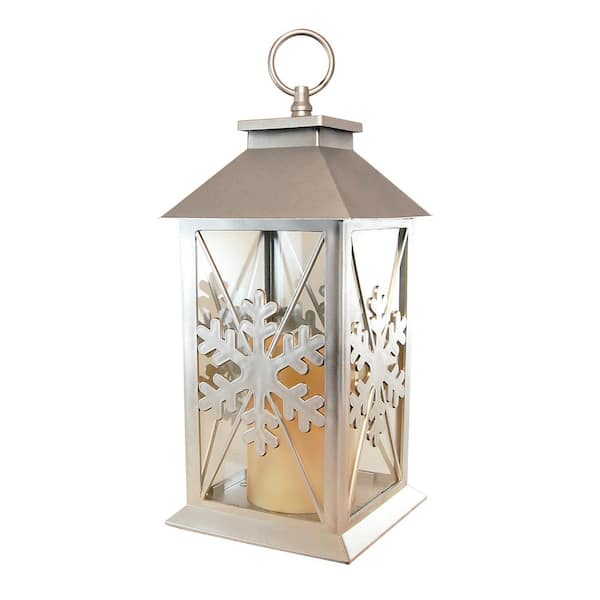 LUMABASE 5.5 in. x 13 in. Silver Plastic Snowflake Lantern with LED Candle