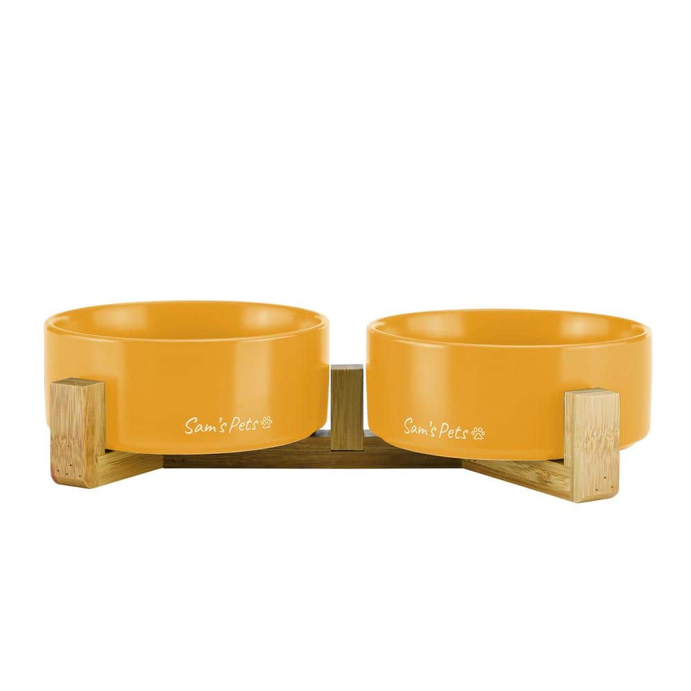 5.11 in. Coco Dual Pet Bowl with Wood Stand in Yellow