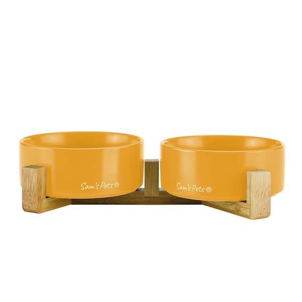 Sam's Pets 5.11 in. Coco Dual Pet Bowl with Wood Stand in Yellow