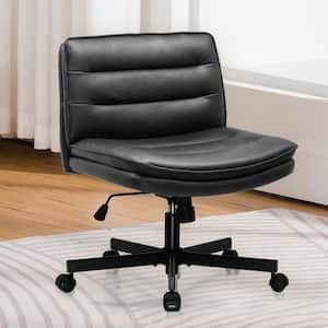 Task Chair Leather Swivel Ergonomic Upholstered Chair Adjustable Height Armless Wide Cross Legged Office Chair in Black