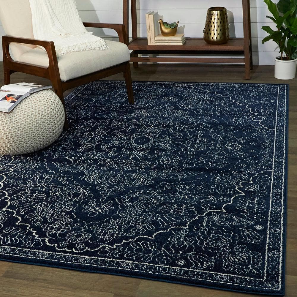 Navy and White Medallion Synthetic 8' x 10' Area Rug