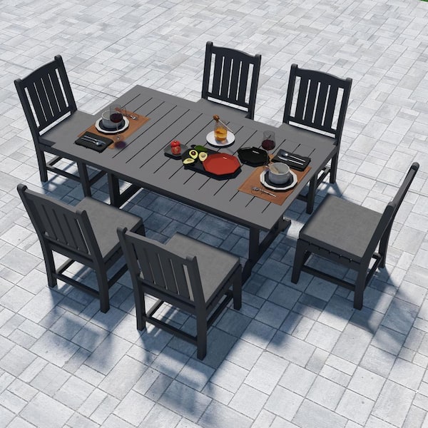 myhomore 7-Piece Plastic Retangular Outdoor Dining Set with Armless Chairs and Gray Cushions