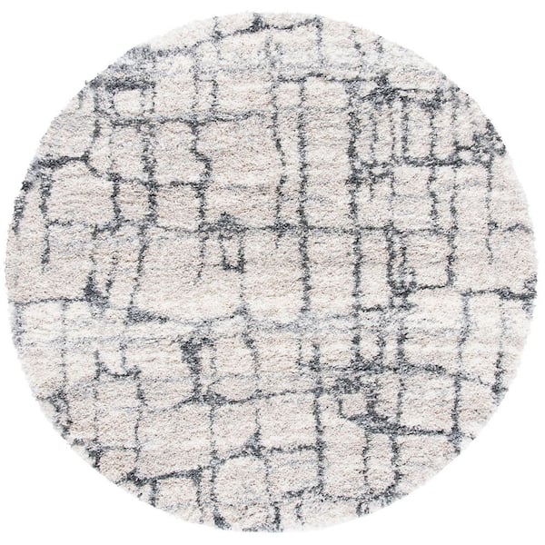 Fontana Shag 8 ft. x 8 ft. Ivory/Gray Distressed Abstract Round Area Rug