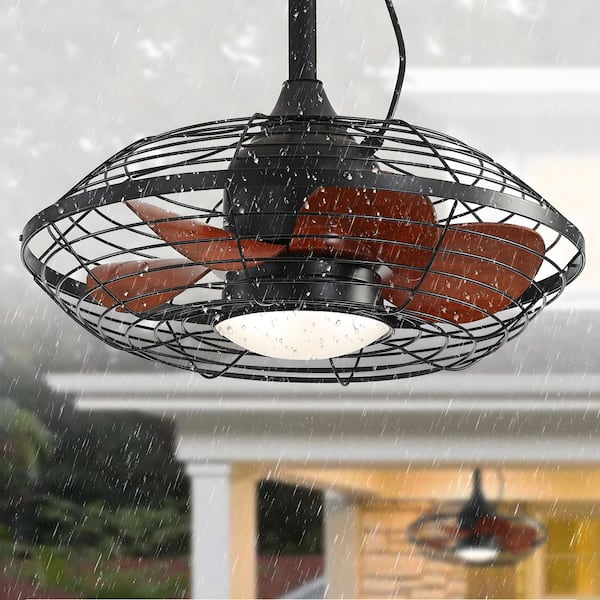 20 in. Outdoor Black and Brown Waterproof Caged Ceiling Fan Rope Hook Portable Hanging Ceiling Fan with Light and Remote