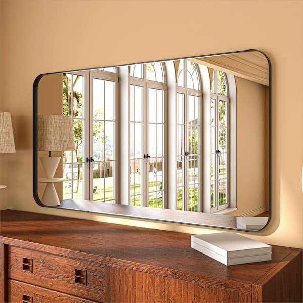 ORGANNICE 55 in. W x 30 in. H Rectangular Aluminum Framed Modern Black Rounded Wall Mirror