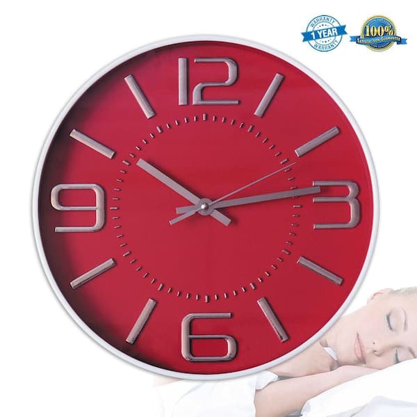 Decor Silent Wall Clock 12 inches 3D Numbers Arabic Red Dial Non