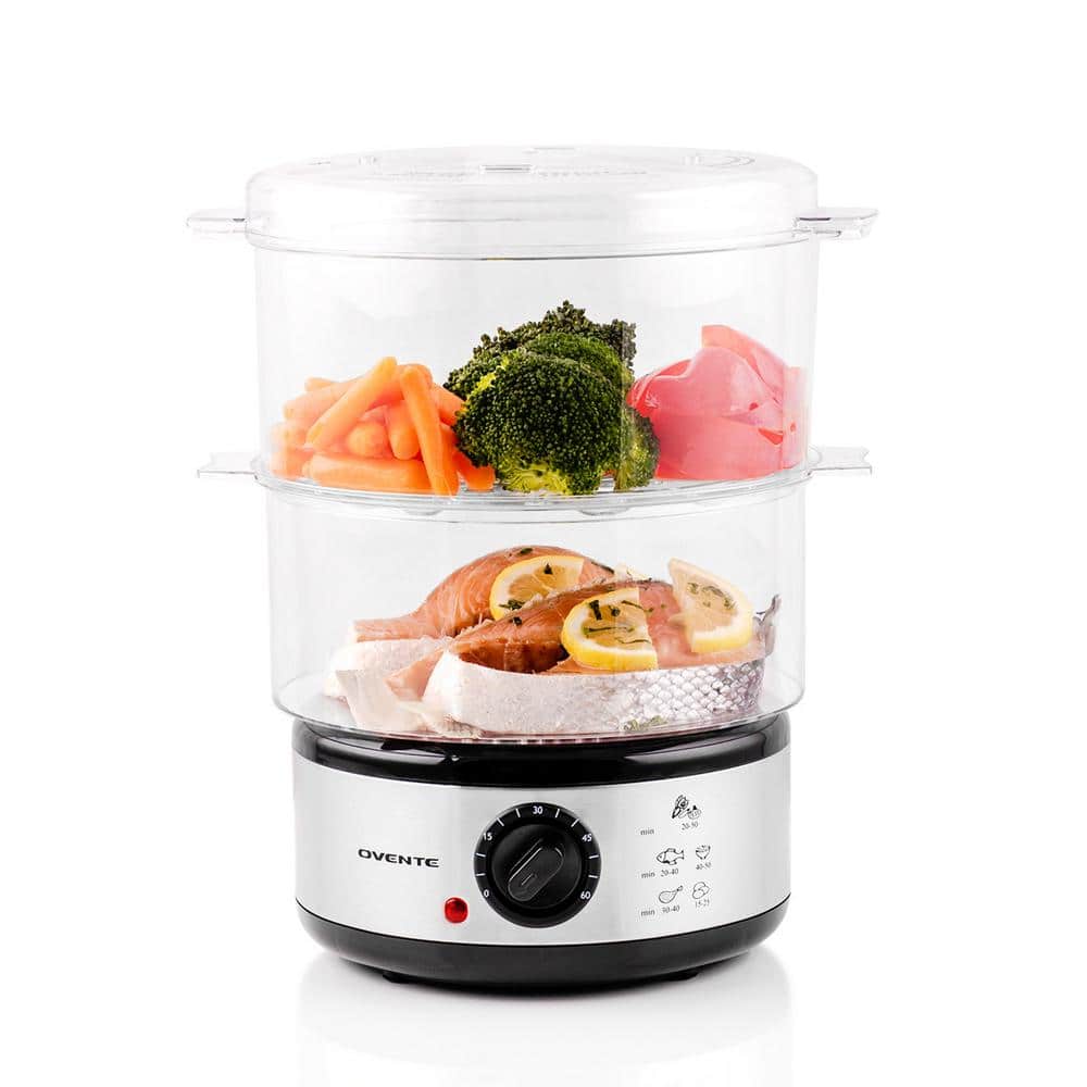 Ovente Electric Food Steamer 5 Quart with 2 Tier Stackable BPA-Free Baskets, 400W Stainless Steel Base, Auto Shut-Off and 60-Minute Timer, Fast