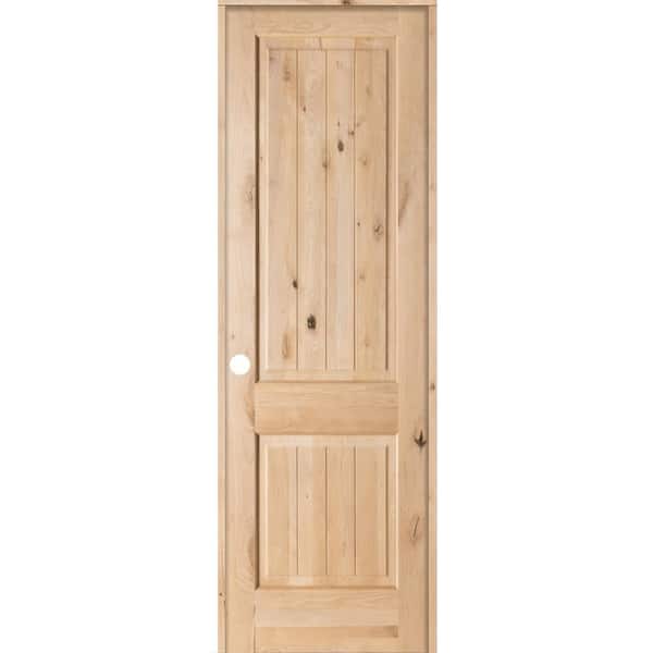 Krosswood Doors 30 in. x 96 in. Knotty Alder 2 Panel Square Top V-Groove Solid Wood Right-Hand Single Prehung Interior Door