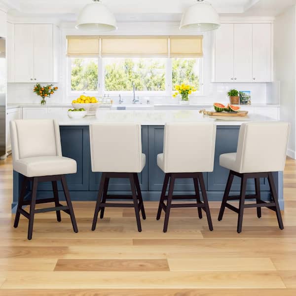 LUE BONA Joyce 26 in. White Faux Leather Upholstered Swivel Bar Stool with Solid Wood Leg Bar Stool (Set of 4)