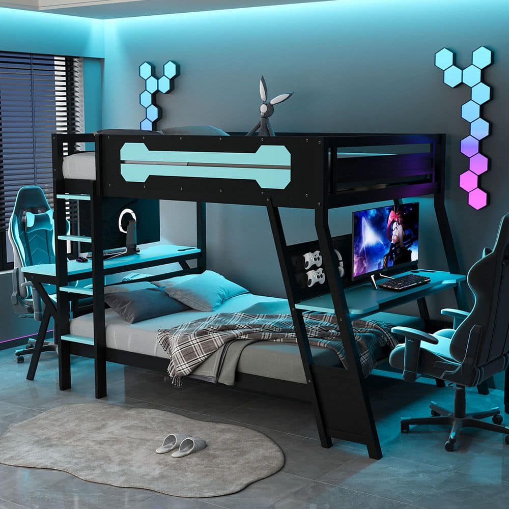 Gaming Style Black and Cloud Blue Full over Full Wood Bunk Bed with 2 Built-in Desks, USB Ports, Pegboard Organizer price history on PriceWatchPro