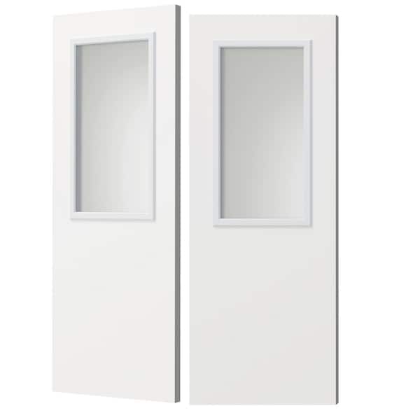 64 in. x 80 in. Universal/Reversible Half Lite Tempered Frosted Glass White Primed Pine Wood Front Door Slab