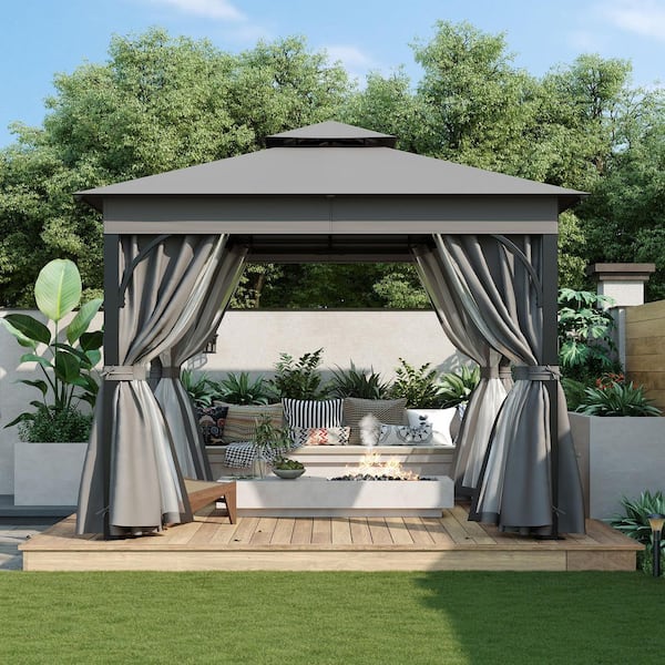 Unbranded 10 ft. x 10 ft. Gray Outdoor Gazebo with Double Roof, Mosquito Netting and Privacy Screens