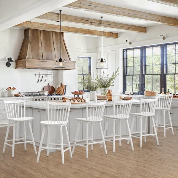 LUE BONA Winston 24 in. White Windsor Barstool Wooden Farmhouse Spindle Back Counter Height Stool for Kitchen Island (Set of 6)