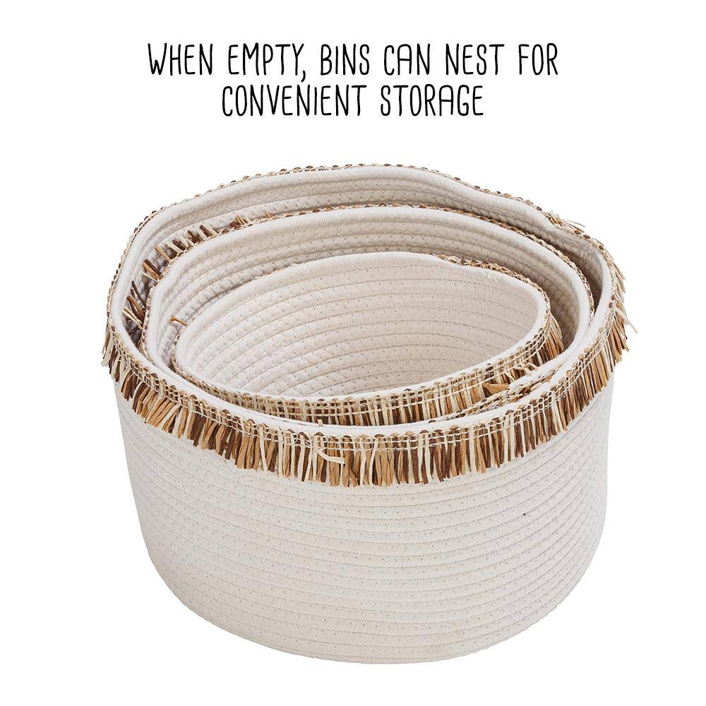Set of 3 White Cotton Rope Round Baskets with Fringe