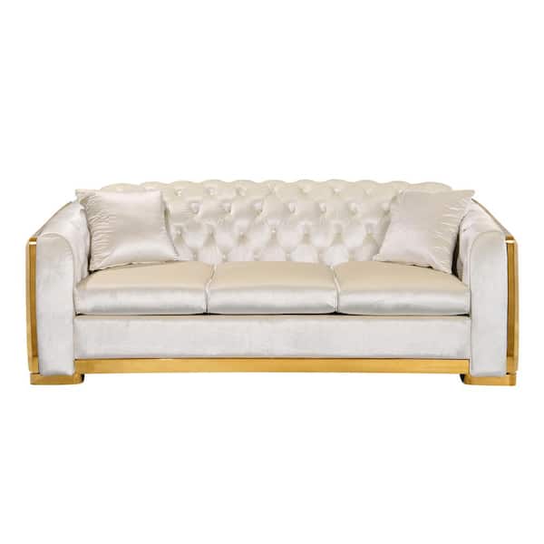 CSC DECOR INC 81.1 in. Wide Rolled Arm Velvet Modern Rectangle 3-Seater Chesterfield Sofa Tufted Couch with Gold Stainless in Beige