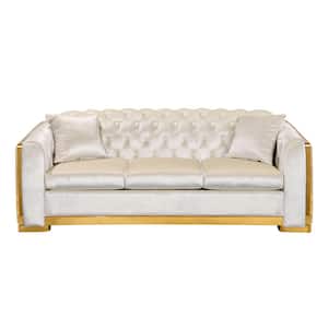 81.1 in. Wide Rolled Arm Velvet Modern Rectangle 3-Seater Chesterfield Sofa Tufted Couch with Gold Stainless in Beige