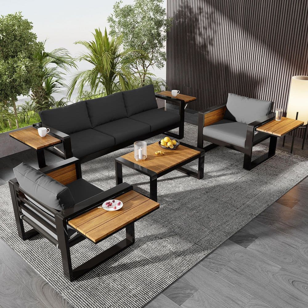 4-Piece Aluminum Outdoor Sectional Set with Grey Cushions, Patio Furniture Set for 5 Person with Fold-Out Side Tables price history on PriceWatchPro
