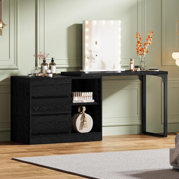 Helotes Black Makeup Vanity Table Corner Dressing Table with 3-Drawers and 2-Shelves for Bedroom (Without Mirror)