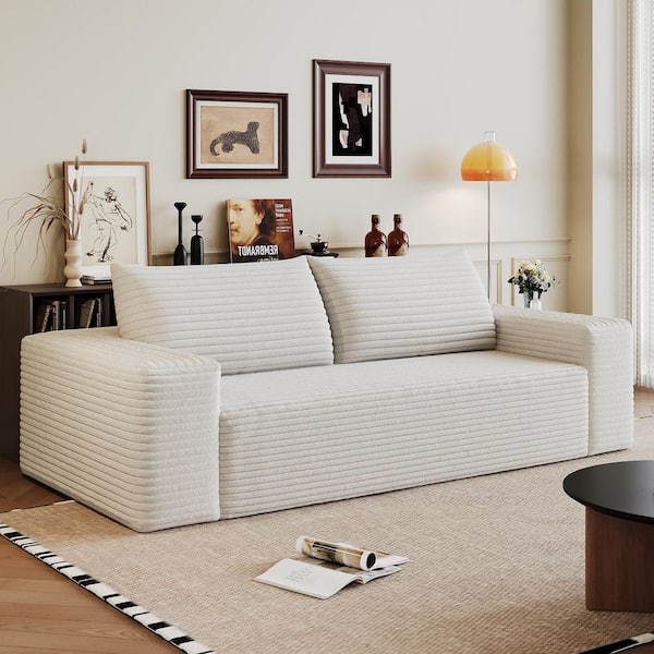 Noble House Kyler Modern 63.04 in. Square Arms Corduroy Cotton Upholstered Rectangle Compressed Sofa in White 143096