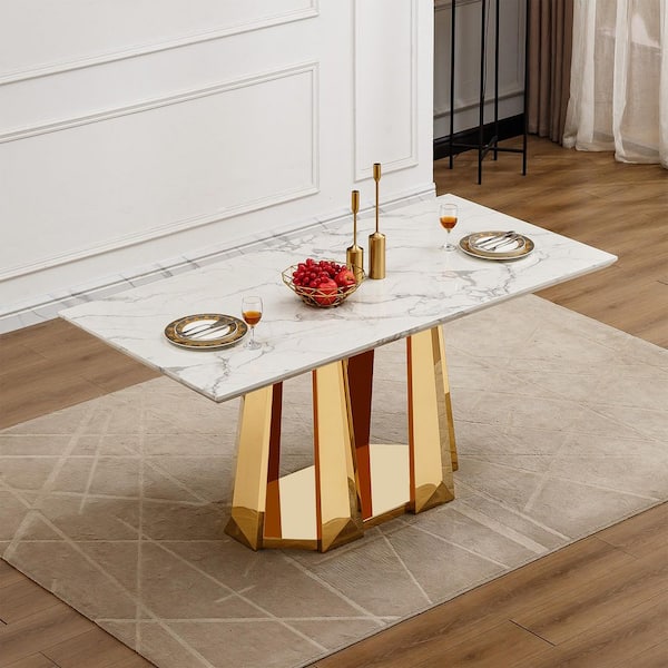 Honoria Gold + White Faux Marble 70.08 in. Pedestal Rectangle Dining Table Seats 6 with Stainless Steel Base