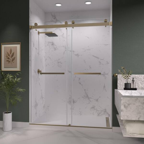 Catalyst 72 in. W x 76 in. H Double Sliding Frameless Shower Door in Brushed Bronze with 3/8 in. Clear Glass