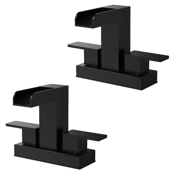 Waterfall Open Spout 4 in. Centerset Dual Handle Mid Arc Bathroom Faucet 1.2 GPM in Matte Black (2-Pack）