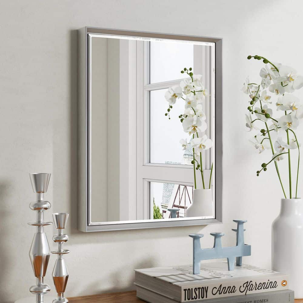 16 in. W x 24 in. H Aluminum Beveled Edge Rectangular Framed Bathroom Vanity Wall Mount Mirror in Brushed Silver price history on PriceWatchPro