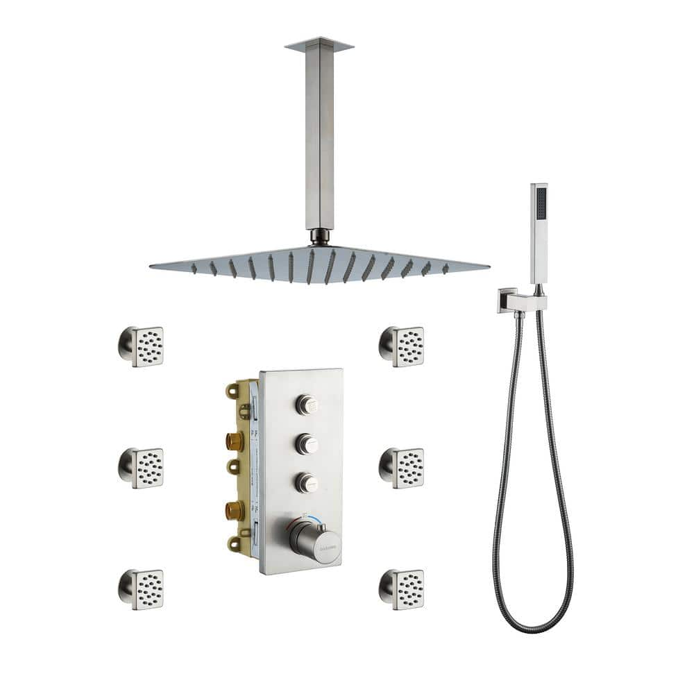 Boyel Living Thermostatic 12 in. 1-Spray Dual Ceiling Mount Fixed and Handheld Shower Head 1.8 GPM with 6 Body Jets in Brushed Nickel