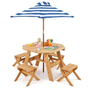 6-Piece Wood Top Kids Natural Picnic Table Set with Octagon Table 4 Stools & Removable Adjustable Umbrella