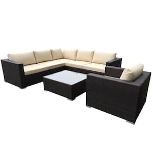 Santa Rosa Multi Brown 7-Piece Wicker Outdoor Patio Sectional Set with Beige Cushions