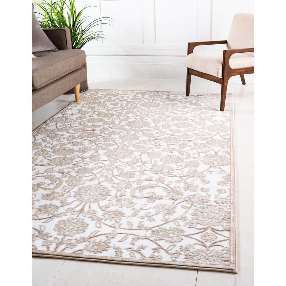 Ivory Floral Rectangular Stain-Resistant Synthetic Rug, 10x13 ft