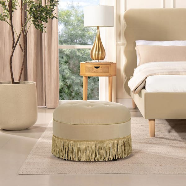 Yolanda 24 in. Fawn Brown Velvet Round Upholstered Living Room Accent Ottoman