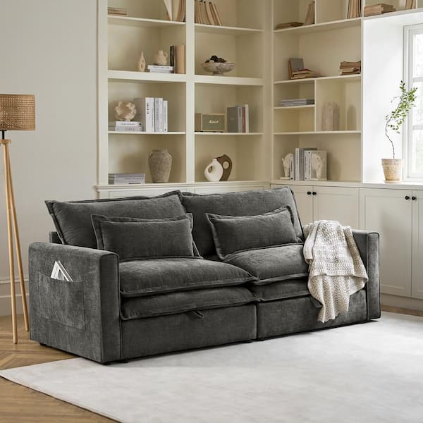 JAYDEN CREATION Aprea 87 in. Square Arm Polyester Rectangle Sofa in Dark Gray