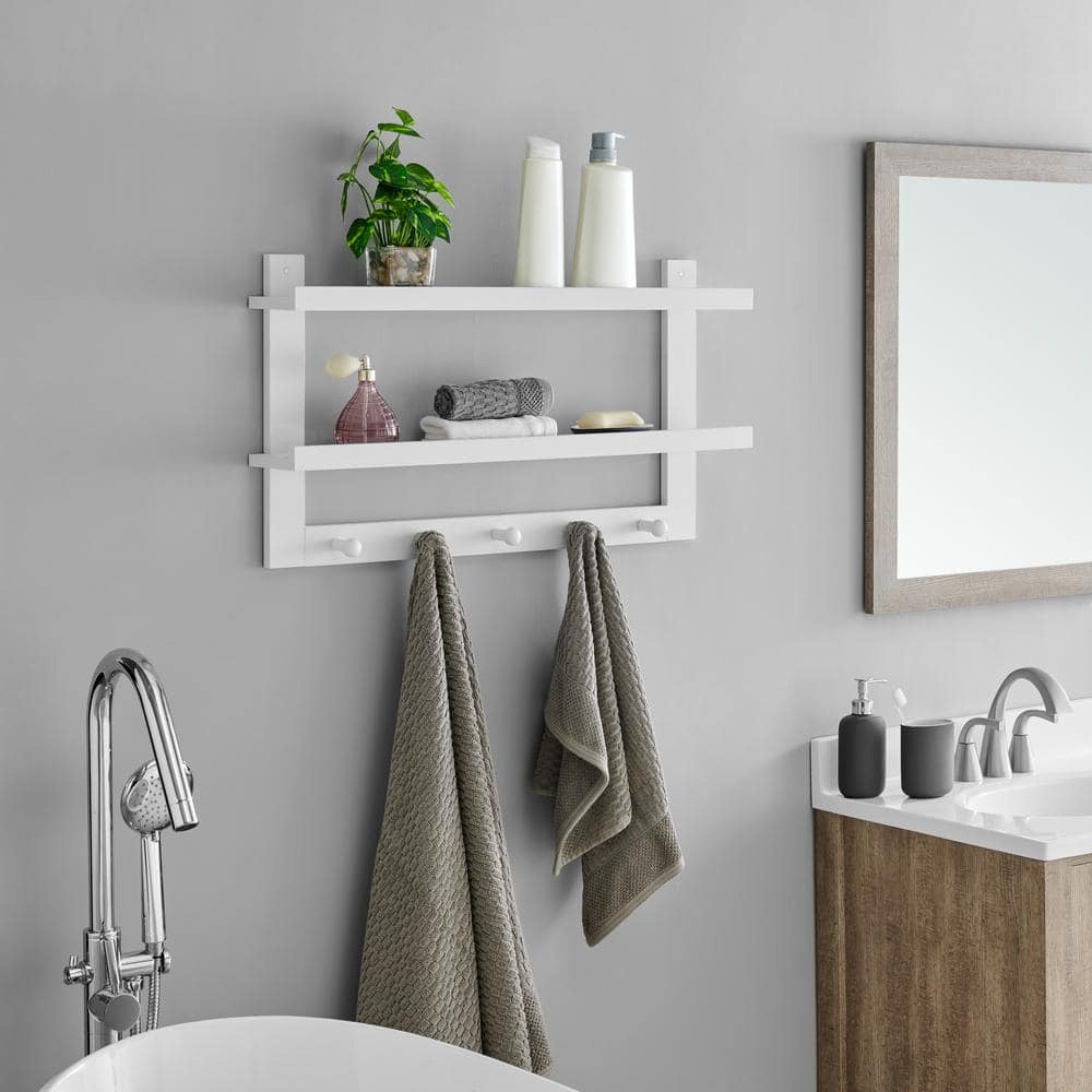 White MDF Two-Tier Floating Wall Shelf with Hooks