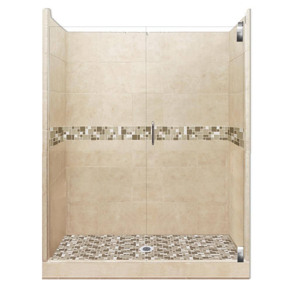 Tuscany Grand Hinged 32 in. x 60 in. x 80 in. Center Drain Alcove Shower Kit in Brown Sugar and Chrome Hardware price history on PriceWatchPro