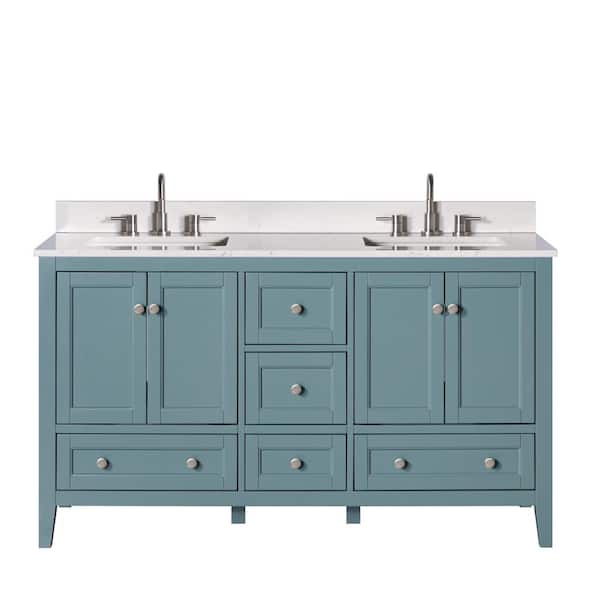 Home Decorators Collection Beverly 61 in. W x 22 in. D x 35 in. H Double Sink Freestanding Vanity in Teal w/ White Engineered Solid Surface Top