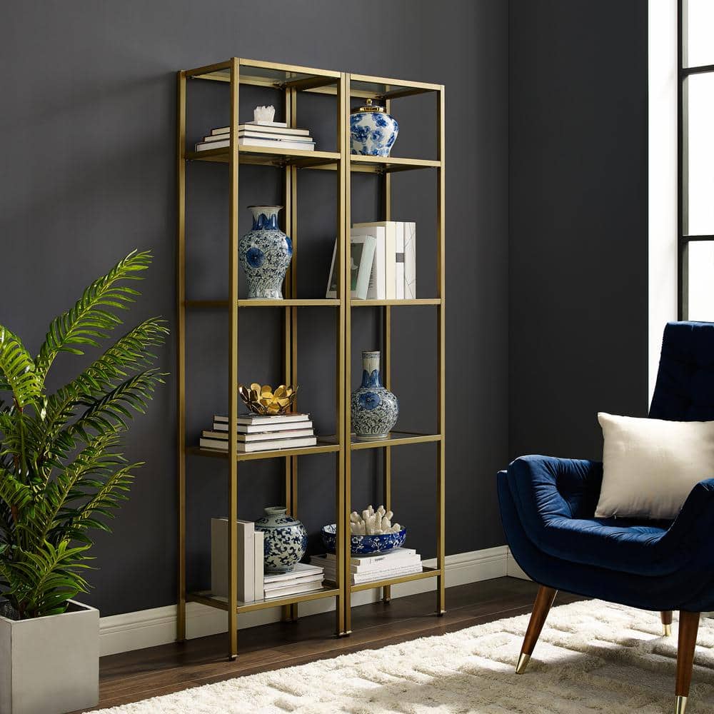 Aimee 73" Gold Steel and Glass Narrow Etagere