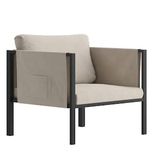 Steel Framed Patio Chair with Storage Pockets in Black with Beige Cushions