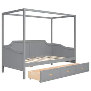 Gray Twin Size Canopy Daybed with 3 in 1 Drawers, Solid Wood Canopy Bed Frame with Storage for Kids, Teens, Adults