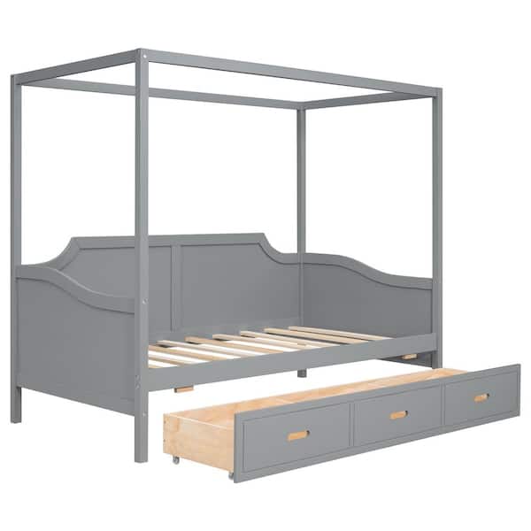 URTR Gray Twin Size Canopy Daybed with 3 in 1 Drawers, Solid Wood Canopy Bed Frame with Storage for Kids, Teens, Adults