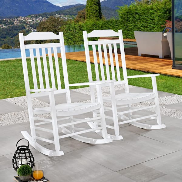 TOP SPACE White Wood Outdoor Rocking Chair for 2