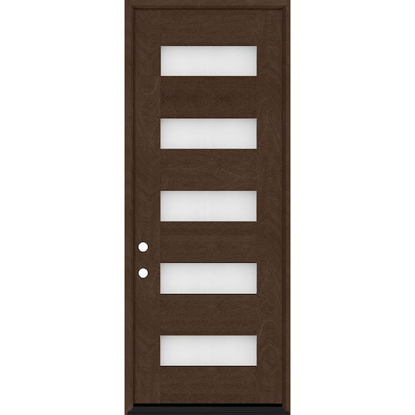 Steves & Sons Regency 36 in. W. x 96 in. 5 L Modern Frosted Glass RHIS Hickory-Stained Fiberglass Prehend Front Door