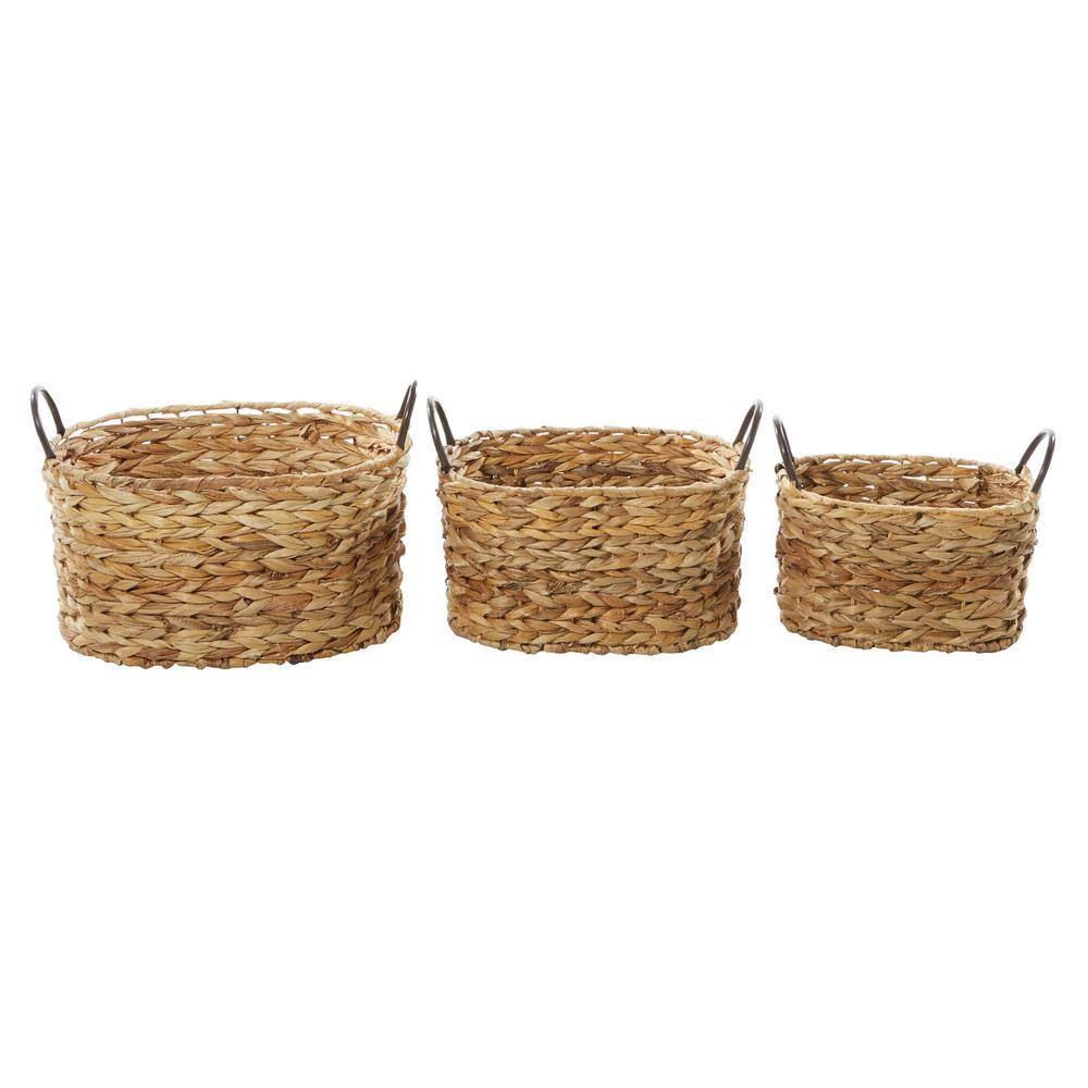 Brown Seagrass Oval Storage Baskets with Metal Handles, Set of 3