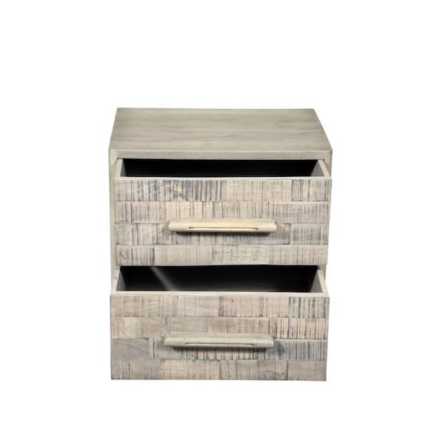 26" Gray Solid Wood Carved Geometric Two Drawer Nightstand
