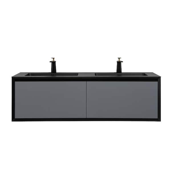 MYCASS 59.1 in. W x 20.7 in. D x 17.9 in. H Floating Bath Vanity in Armani Grey with 2 Sinks Matt Black Solid Surface Top
