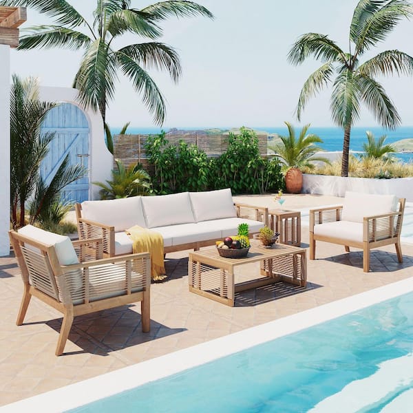 Marcel 5-Piece Solid Wood Patio Conversation Set with Beige Cushions