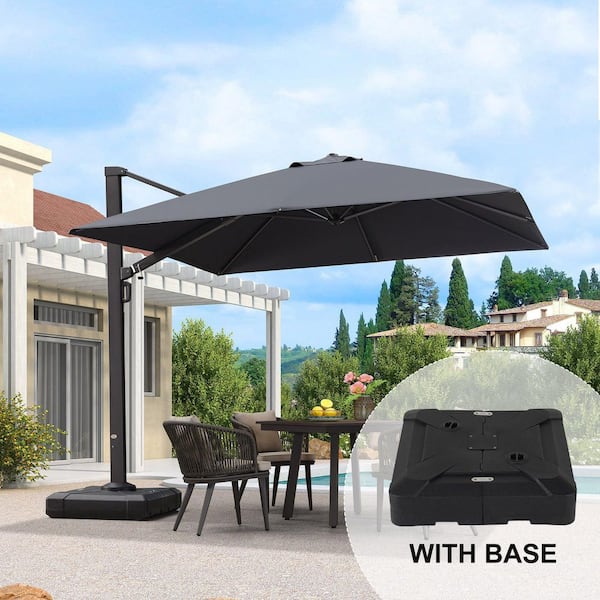 10 ft. Square Large Outdoor Aluminum Cantilever 360-Degree Rotation Patio Umbrella with Base, Gray